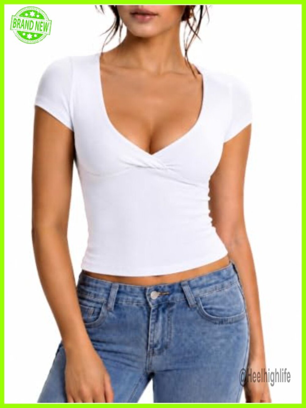 Womens Ribbed Crossover V Neck Short Sleeve Fitted Crop Top Y2K Going Out Tee